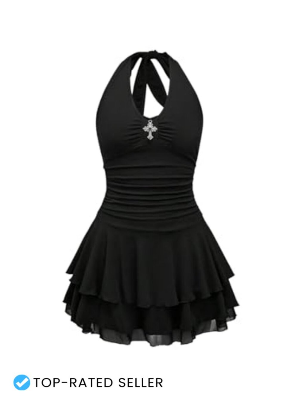 Punk Halter Mini Dress Backless Tie Back Ruched Tiered Ruffle Sleeveless